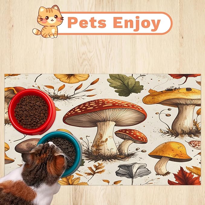 Retro Mushroom Dog Food Mat for Floors Absorbent Dog Bowl Mat for Food and Water Dispenser Quick Dry Cat Food Placemat Pet Supplies 12" x 20", Fall Leaves
