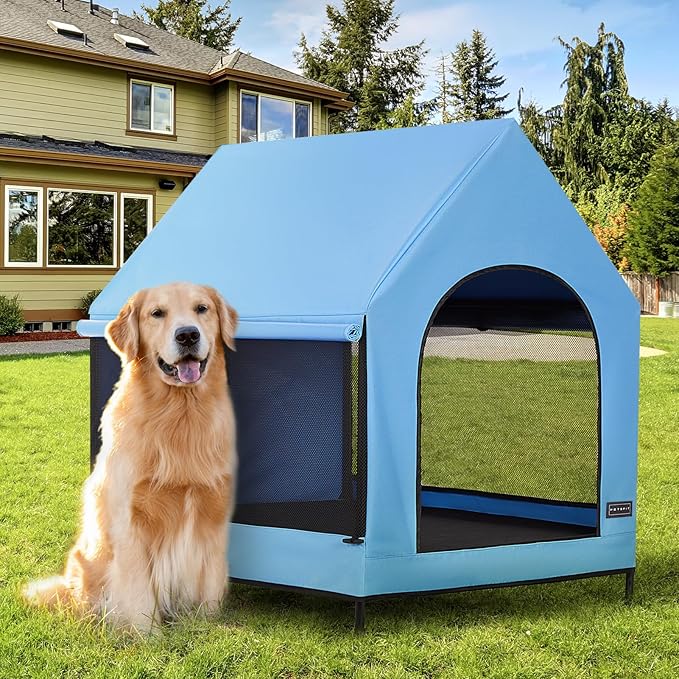 PETSFIT Dog House Outdoor, Upgraded Dog Shelter with Weatherproof PVC Canopy, Breathable Mesh Windows and Sunshades, Elevated Dog Bed with Protable Carring Case (Blue)