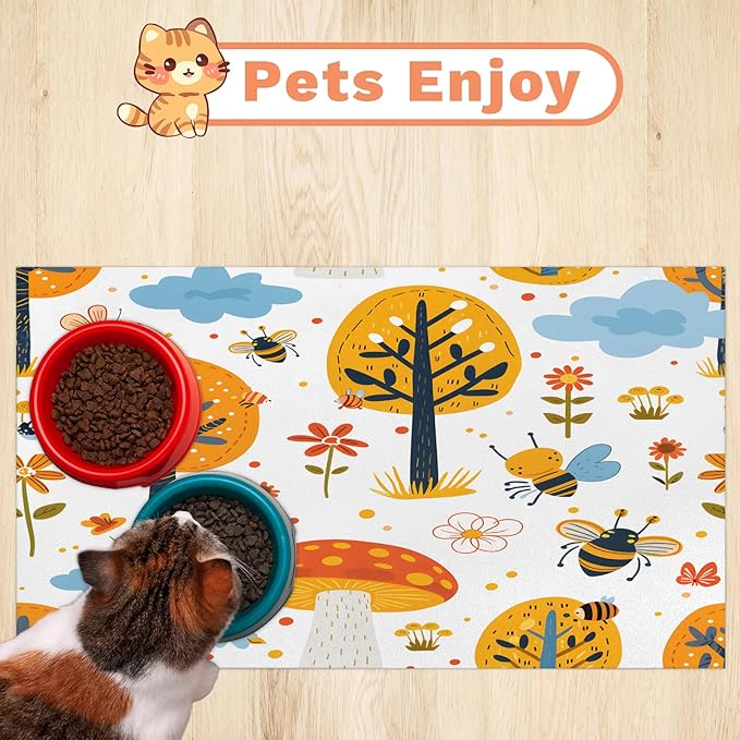 Tree Dog Food Mat for Floors Absorbent, Quick Dry Water Dispenser Mat for Food, Water, Pet Supplies 12" x 20", Floral