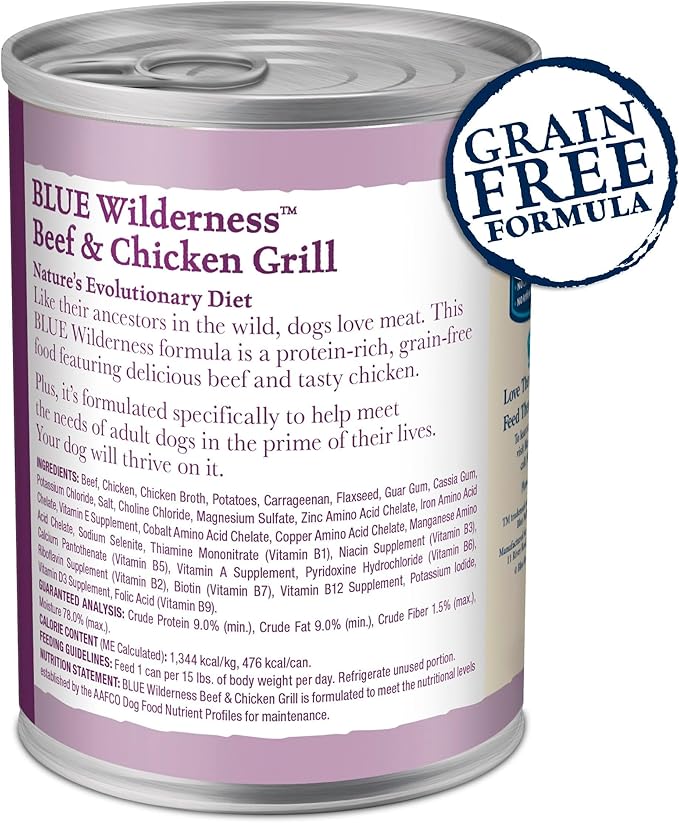 Blue Buffalo Wilderness Adult Wet Dog Food, High-Protein & Grain-Free, Made with Natural Ingredients, Beef & Chicken Grill, 12.5-oz Cans, 12 Count