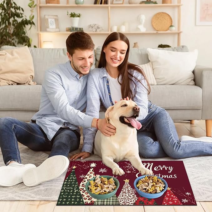 Christmas Tree Dog Food Mat for Floors Absorbent, Quick Dry Water Dispenser Mat for Food, Water, Pet Supplies 17" x 30", Merry Christmas