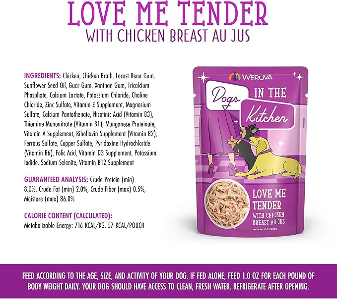 Weruva Dogs in The Kitchen, Love Me Tender with Chicken Breast Au Jus Dog Food, 2.8oz Pouch (Pack of 12), Purple