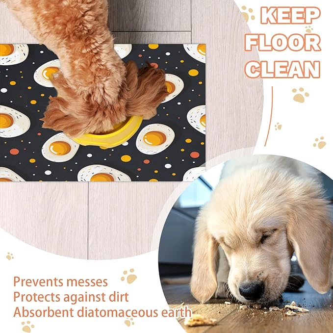 Egg Print Dog Food Mat for Floors Absorbent Dog Bowl Mat for Food and Water Dispenser Quick Dry Cat Food Placemat Pet Supplies 24" x 32", Cartoon Eggs