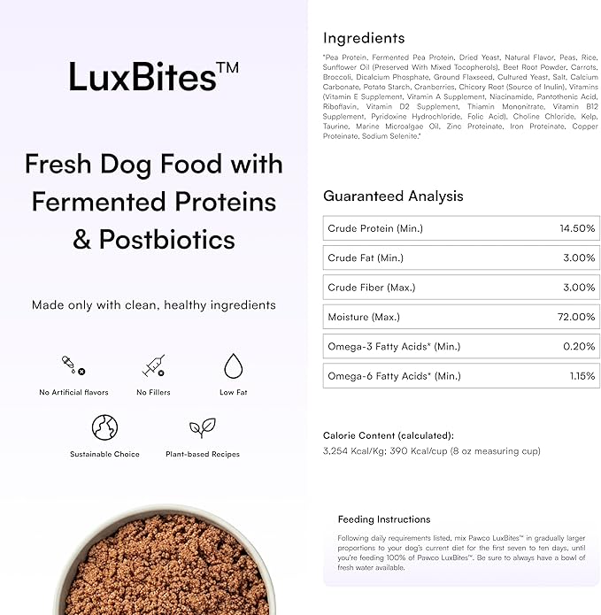 Pawco Premium Fresh Dog Food – Supports Energy, Digestion & Overall Health – LuxBites Recipe with Fermented Protein, Marine Microalgae Oil, Postbiotics & DHA – Pack of 6 x 17oz