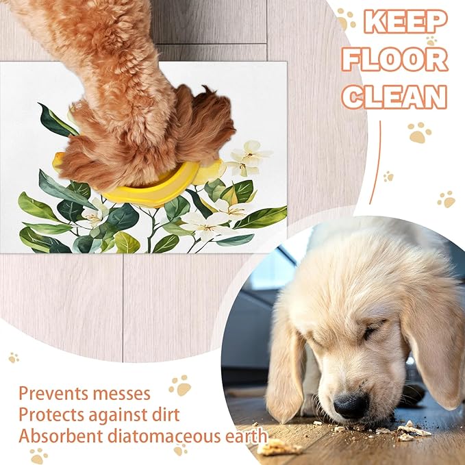 Lemon Dog Food Mat for Floors Absorbent Dog Bowl Mat for Food and Water Dispenser Quick Dry Cat Food Placemat Pet Supplies 16" x 24", Floral Plant