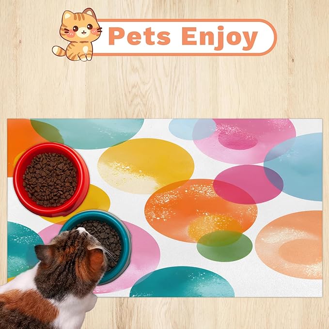 Polka Dots Dog Food Mat for Floors Absorbent Dog Bowl Mat for Food and Water Dispenser Quick Dry Cat Food Placemat Pet Supplies 17" x 30", Colorful Rainbow