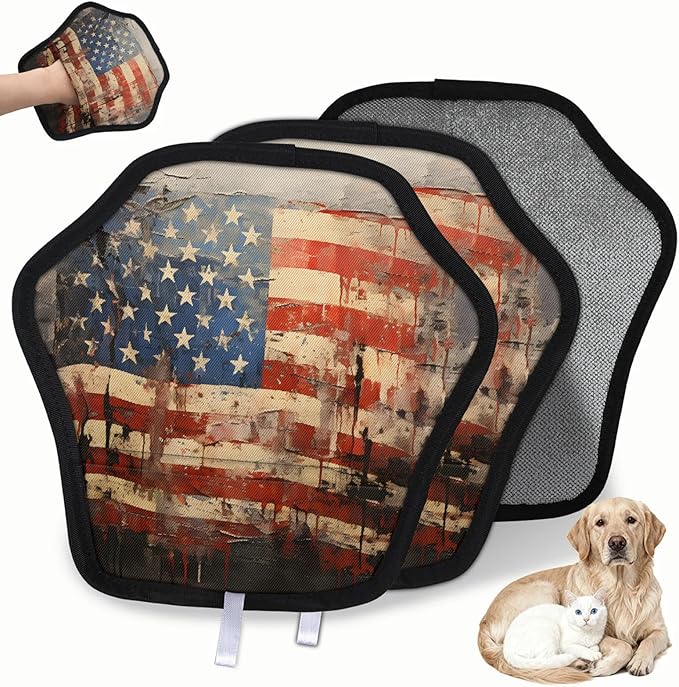 Retro Star Stripe Electrostatic Pet Hair Removal Glove for Cats & Dogs - Reusable Grooming Mitt for Couch, Carpet, Car Seat & Laundry - Large 9x9 Inch