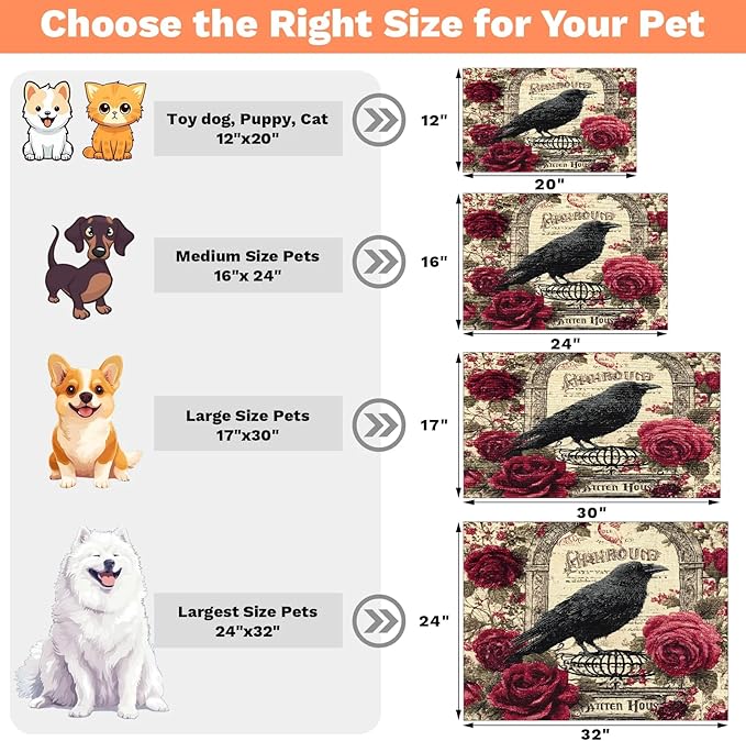 Halloween Raven Dog Food Mat for Floors Absorbent, Quick Dry Water Dispenser Mat for Food, Water, Pet Supplies 12" x 20", Vintage Flower