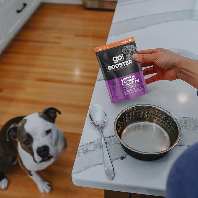 Go! Solutions Tranquility Chicken, Salmon + Duck Stew Gravy Topper for Dry Food with Broth, Healthy Wet Dog Treat to Support a Happy Mood, for Puppies, Adults, & Seniors, 2.8 oz Pouch (12 Pack)