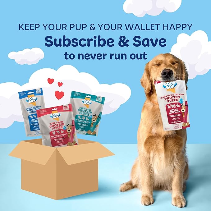 GOOD BOY Carnivore’s Delight Protein Purees Dog Food Mixers for All Adult Dogs, 10 Count, Easy Single-Serve Triple Flavor Topper Treats with Duck, Beef and Rabbit (Pack of 2)