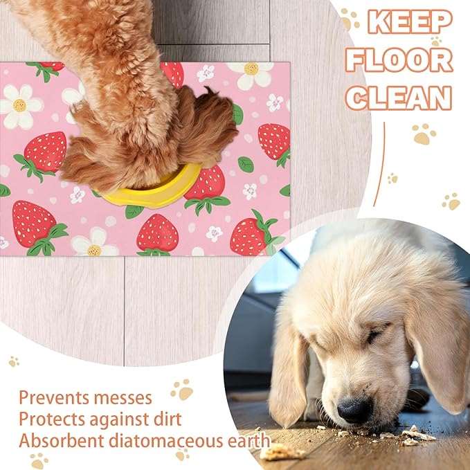 Red Strawberry Dog Food Mat for Floors Absorbent Dog Bowl Mat for Food and Water Dispenser Quick Dry Cat Food Placemat Pet Supplies 12" x 20", Cute Flower
