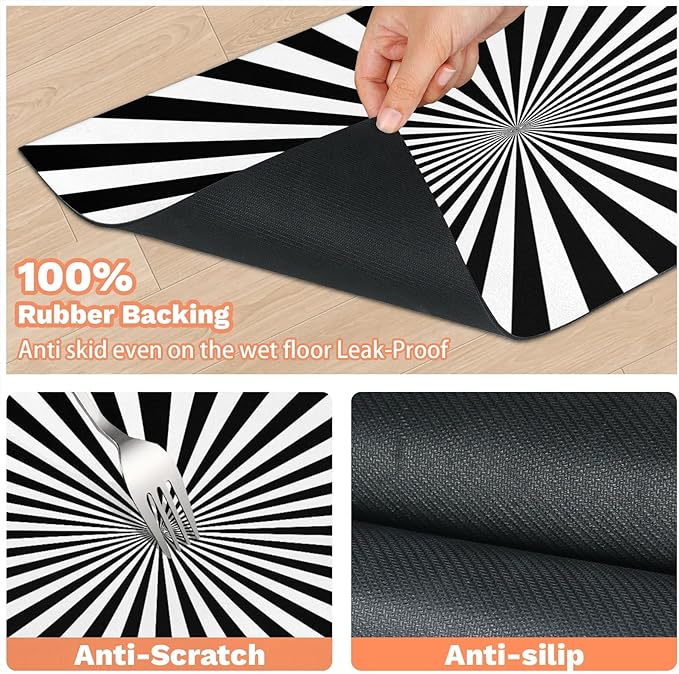 Striped Dog Food Mat for Floors Absorbent, Quick Dry Water Dispenser Mat for Food, Water, Pet Supplies 12" x 20", White Black