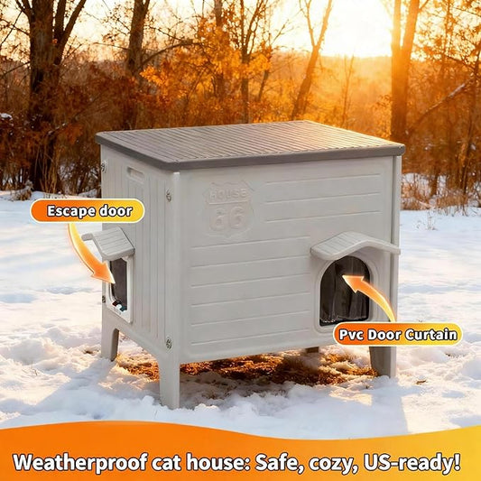 Weatherproof Insulated Outdoor Cat House with Mat for Feral Cat, Plastic Elevated Cat Shelter with Escape Door, Easy Assemble, Expansive Interior‌ Grey 22.0" L x 21.0" W x 16.0" H