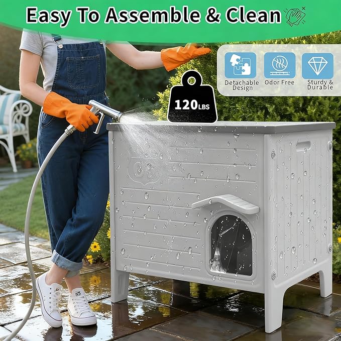 Rockever Insulated Outdoor Cat House, Waterproof Cat House for Outdoor Cats with Escape Door, Plastic Feral Cat House Outdoor Indoor, Spacious and Clean Easily (Grey,L)