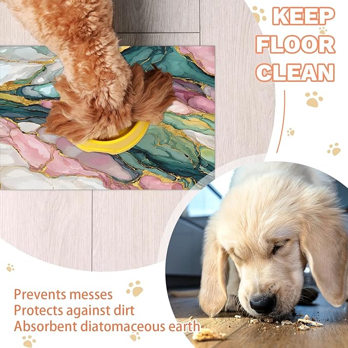 Green Pink Marble Dog Food Mat for Floors Absorbent, Quick Dry Water Dispenser Mat for Food, Water, Pet Supplies 24" x 32", Abstract