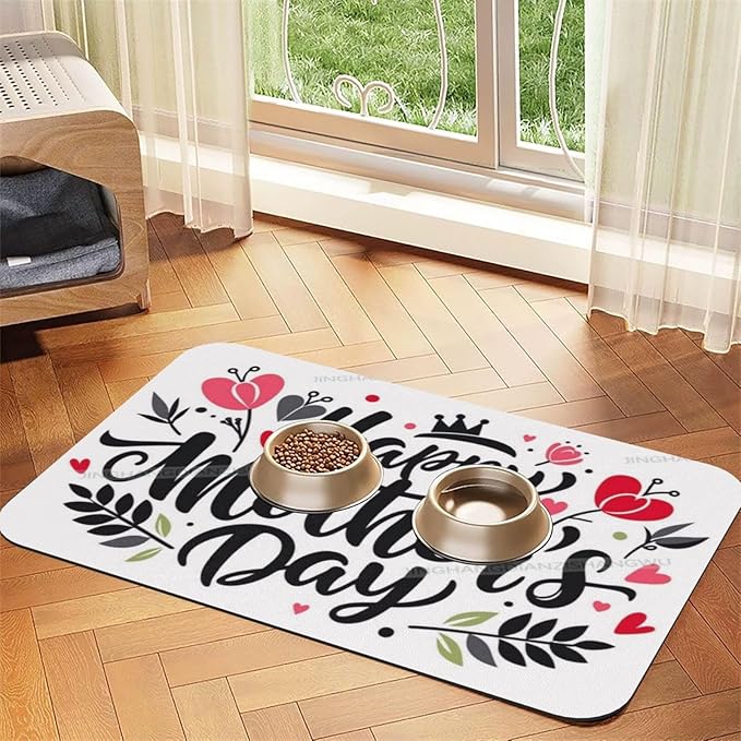 Dog Food Mat Happy Mother's Day Floral Gift for Mom Bh Absorbent Water Bowl Mats Cat Pet Feeding Placemats 24x16In