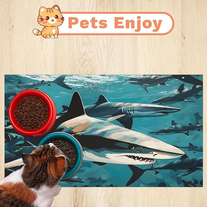 Sea Shark Dog Food Mat for Floors Absorbent Dog Bowl Mat for Food and Water Dispenser Quick Dry Cat Food Placemat Pet Supplies 16" x 24", Watercolor Fish