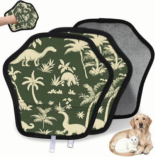 Palm Tree Dinosaur Electrostatic Pet Hair Removal Glove for Cats & Dogs - Reusable Grooming Mitt for Couch, Carpet, Car Seat & Laundry - Large 9x9 Inch