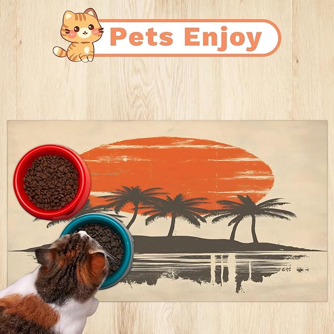 Hawaiian Sunset Dog Food Mat for Floors Absorbent, Quick Dry Water Dispenser Mat for Food, Water, Pet Supplies 17" x 30", Palm Tree