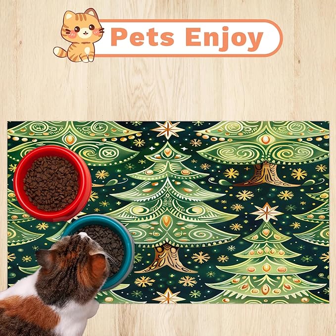 Christmas Tree Dog Food Mat for Floors Absorbent, Quick Dry Water Dispenser Mat for Food, Water, Pet Supplies 17" x 30", Snowflake Star