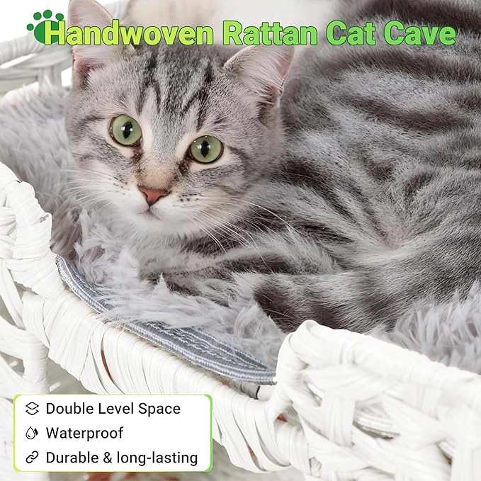Handwoven Rattan Cat Cave w/Two Cushions, Cat Beds Indoor Kitten House, Waterproof & Foldable Pet Cube Bed, White, 16.5”L x 16.5”W x 12.6”H