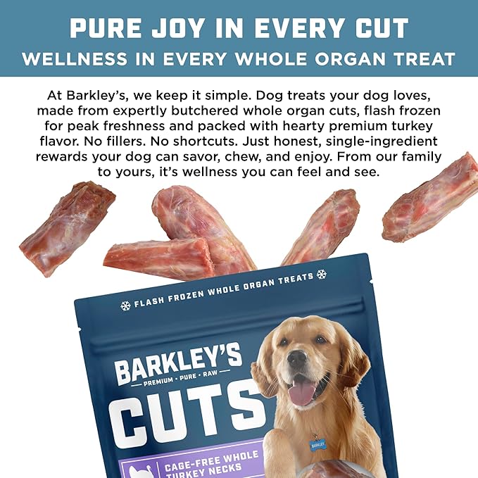 Barkley’s Cuts, Frozen Raw Sliced Turkey Necks Dog Treats, Single Ingredient, Flash Frozen, High Protein Training Treats and Food Toppers for Puppies and Dogs, Human Grade Ingredients, 16 Oz Bag