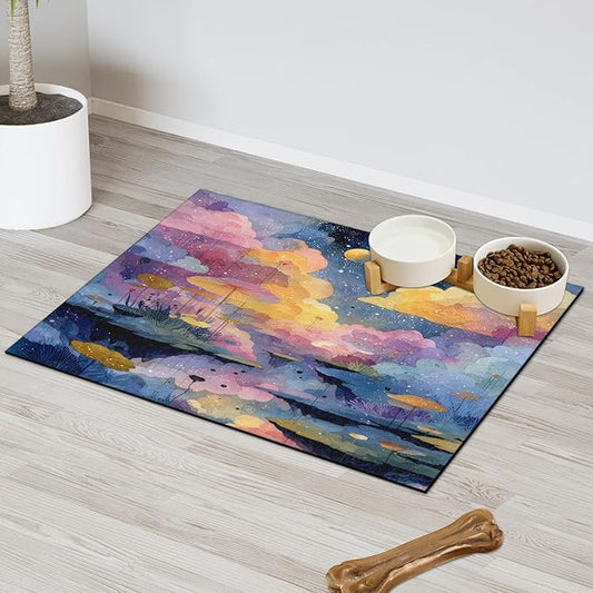 Lotus Leaf Dog Food Mat for Floors Absorbent, Quick Dry Water Dispenser Mat for Food, Water, Pet Supplies 24" x 32", Cloud Moon