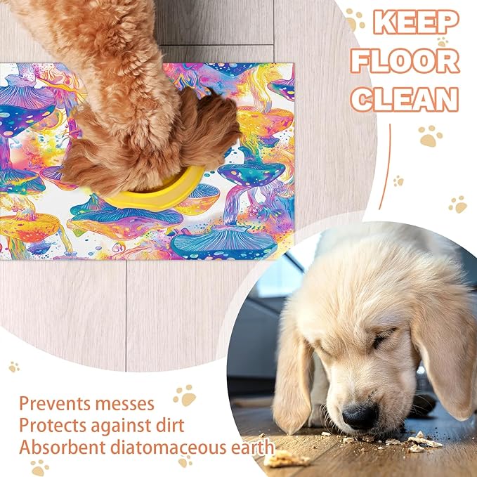 Mushroom Dog Food Mat for Floors Absorbent Dog Bowl Mat for Food and Water Dispenser Quick Dry Cat Food Placemat Pet Supplies 16" x 24", Watercolor Plant