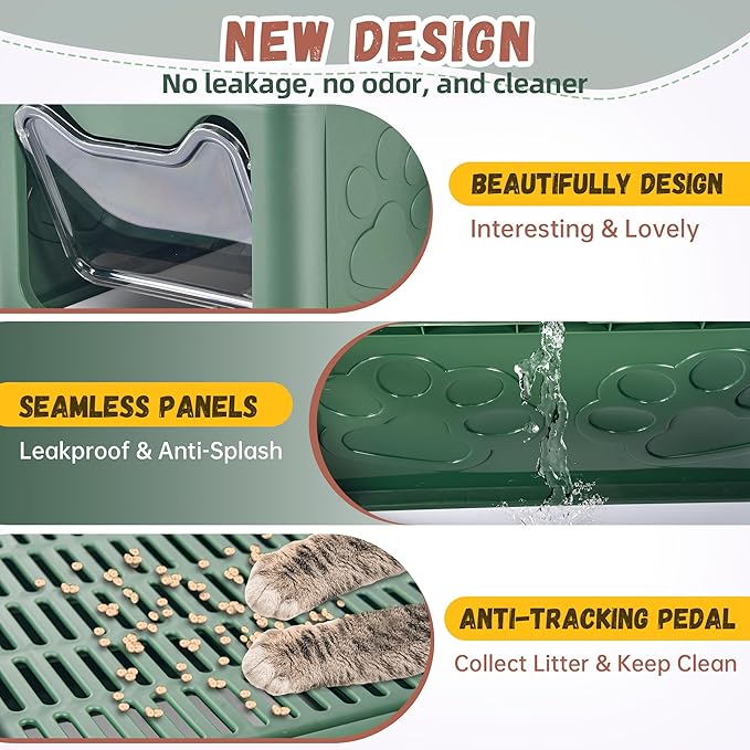Cat Litter Box with Litter Mat, Foldable Extra Large Free in and Out/One-Way with Lid, Drawer Type Enclosed Kitty Litter Box,Odor Control Anti-Splashing Easy Cleaning (Green)