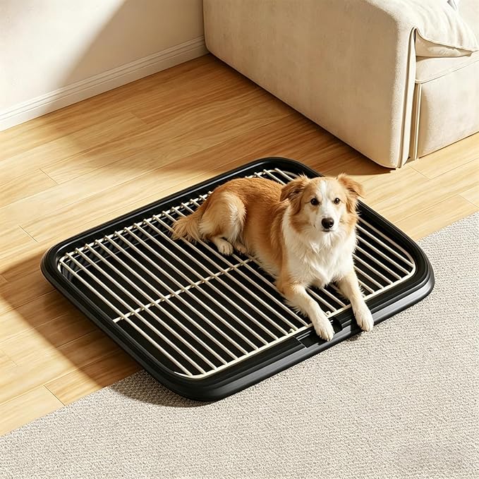 Dog Potty Tray with Guide Pillar, Large Indoor Pet Pee Pad Holder, Removable & Washable Puppy Training Toilet for Housebreaking Supplies Black