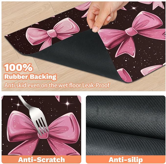 Bow Dog Food Mat for Floors Absorbent, Quick Dry Water Dispenser Mat for Food, Water, Pet Supplies 16" x 24", Pink Bowknot