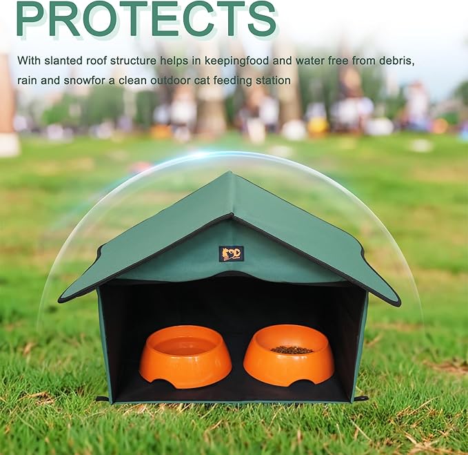 Outdoor Cat House, Waterproof Pet Shelter/Dining Room, for Feral/Community Cats (Green1)