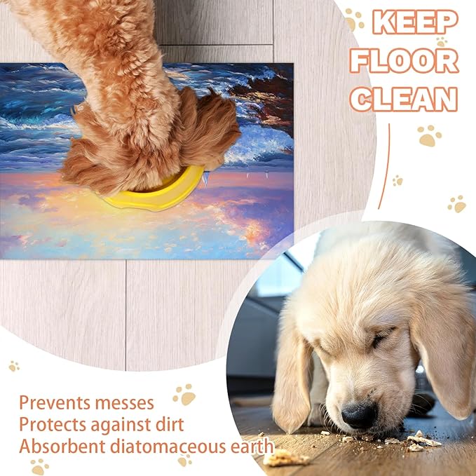 Summer Beach Dog Food Mat for Floors Absorbent, Quick Dry Water Dispenser Mat for Food, Water, Pet Supplies 12" x 20", Sunrise