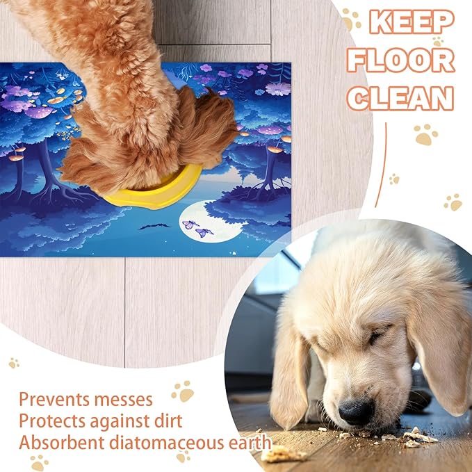 Forest Moon Dog Food Mat for Floors Absorbent, Quick Dry Water Dispenser Mat for Food, Water, Pet Supplies 16" x 24", Flower