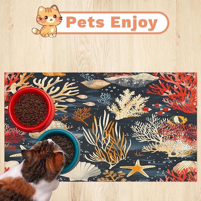 Sea Ocean Dog Food Mat for Floors Absorbent Dog Bowl Mat for Food and Water Dispenser Quick Dry Cat Food Placemat Pet Supplies 24" x 32", Seashell