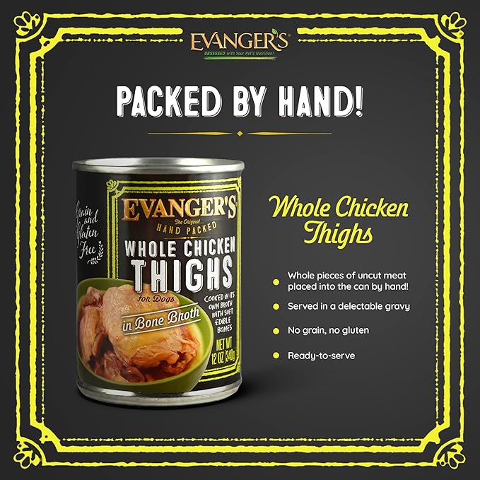 Evanger's Heritage Classics Whole Chicken Thighs Dog Food – 12 Count, 12 oz Each – Grain & Gluten Free, Single-Source Protein in Bone Broth – Protein Rotation Diet, Dry Food Topper