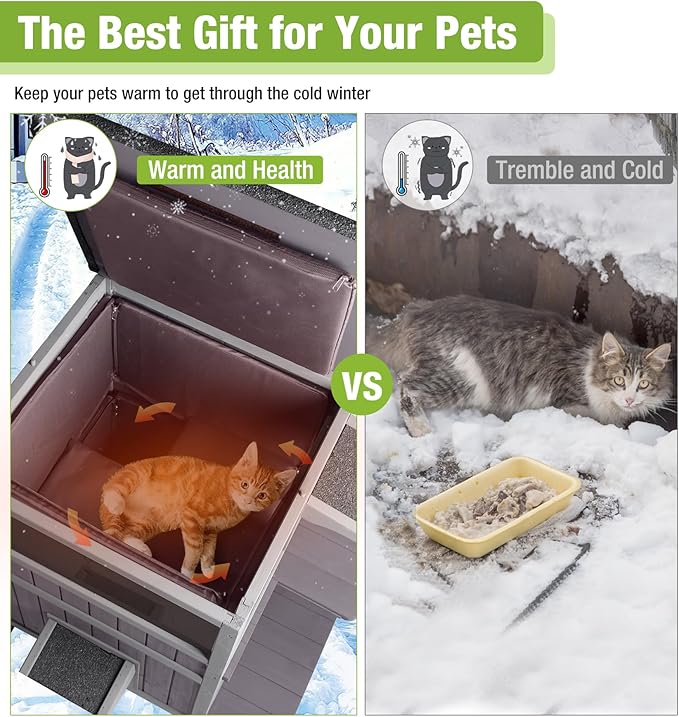 GUTINNEEN Heated Cat House for Outside, 2-Story Outdoor Cat House Insulated with Electric Heating Blanket, Waterproof Wooden Cat Shelter with Bite-Resistant Wires