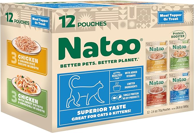 NATOO Cat Food Topper & Soft Treat Variety, Healthy High Protein Gravy Mix-Ins, Limited Ingredient Recipe, for Adults and Kittens, 2.4 oz Pouches, 12 Pack (4 Flavors)