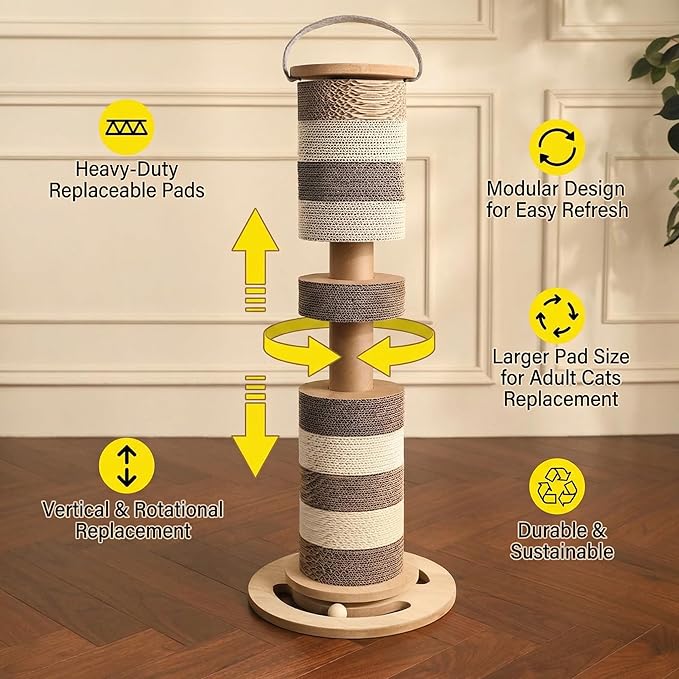 32” Tall Cat Scratching Post – Large Vertical Cardboard Cat Scratcher for Indoor Cats, Modular Replaceable Blocks, Heavy Stable Base, Modern Scratching Post for Adult & Large Cats