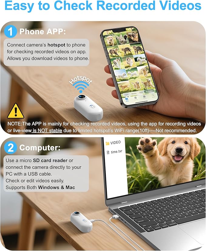 Cat Camera Collar with Phone APP, 1080P HD Video Recording Pet Camera Collar – Cordless Lightweight Rechargeable Pet POV Cam for Curious Cats & Adventurous Pups-XS-Size Cat Action Cameras