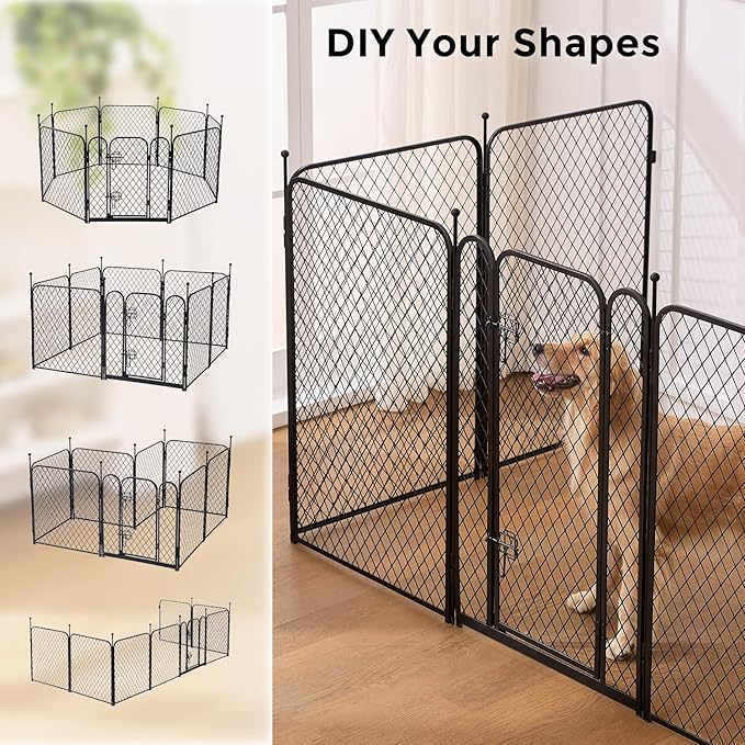 Paw Safe Dog Playpen for Indoor, 32 Inch 8 Panels Anti-pinch Diamond Mesh Dog Fence for Small Medium Dogs, Metal Stable Dog Play Pen with Door, Portable Pet Playpen for Outdoor RV Camping Yard