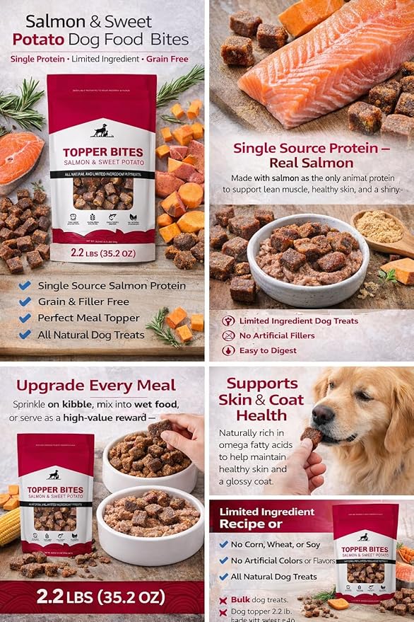 Salmon & Sweet Potato Dog Food Topper Bites, 2.2 lb (35.2 oz) – Single Protein, Grain Free, Limited Ingredient, Natural Dog Treats for Meal Toppers & Training