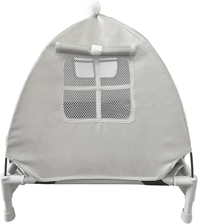 Pozico Elevated Pet Bed with Breathable Mesh for Small Cat and Dog, Raised Cooling Pet Cot for Puppy and Kitty, 18.9x18.9 inch (Gray Bed with Canopy)