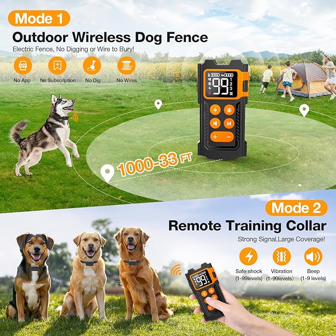 Wireless Dog Fence System - Electric Fence for Dogs 1000 FT Range Adjustable,Dog Training Collar with Remote Control 3 Training Modes, Rechargeable Collar,Dog Fence Wireless Magnetic Charging Base
