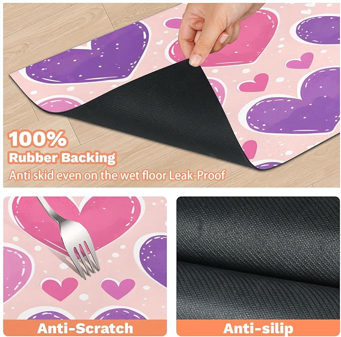 Colorful Heart Dog Food Mat for Floors Absorbent, Quick Dry Water Dispenser Mat for Food, Water, Pet Supplies 24" x 32", Love