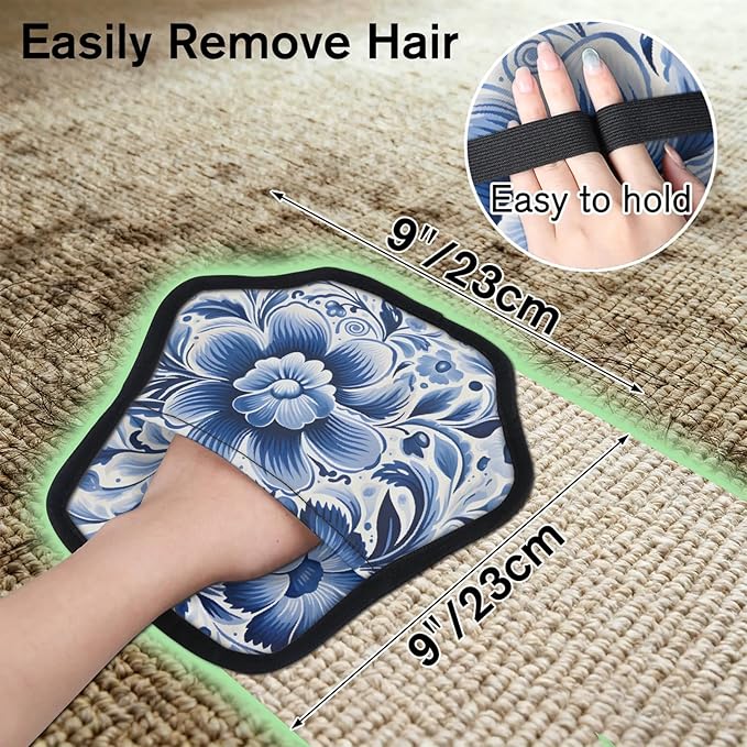 Blue White Flowers Electrostatic Pet Hair Removal Glove for Cats & Dogs - Reusable Grooming Mitt for Couch, Carpet, Car Seat & Laundry - Large 9x9 Inch