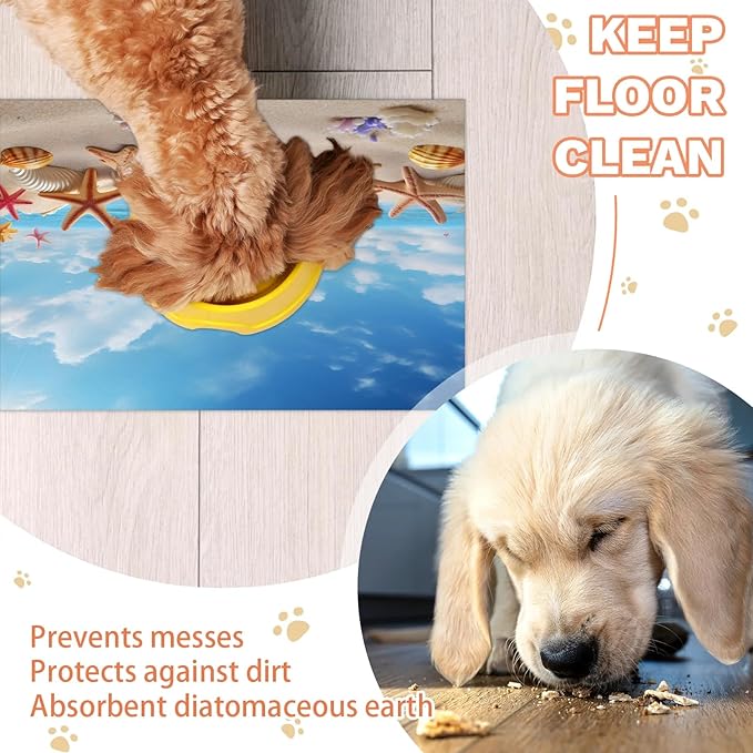 Seashell Starfish Dog Food Mat for Floors Absorbent, Quick Dry Water Dispenser Mat for Food, Water, Pet Supplies 17" x 30", Nautical Coastal