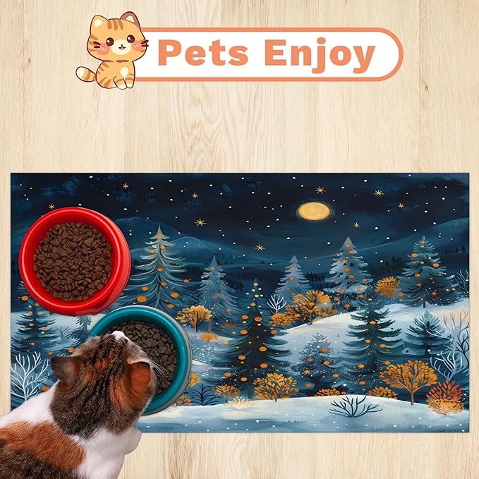Forest Hills Dog Food Mat for Floors Absorbent, Quick Dry Water Dispenser Mat for Food, Water, Pet Supplies 17" x 30", Tree