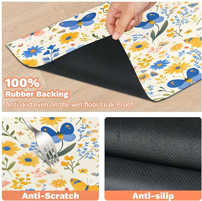 Spring Butterfly Dog Food Mat for Floors Absorbent, Quick Dry Water Dispenser Mat for Food, Water, Pet Supplies 16" x 24", Wildflower