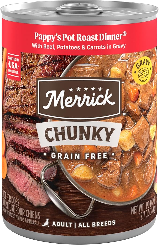 Merrick Chunky Grain Free Premium And Wholesome Canned Dog Food, Real Meat Pappy’s Pot Roast Dinner In Gravy - (Pack of 12) 12.7 oz. Cans